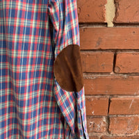 Vintage Polo by Ralph Lauren Plaid Carpenter Work Shirt Elbow Patch Blue Red M