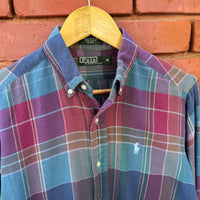 Vintage 90s Polo Ralph Lauren Blue Purple Plaid Button Up Sz 18 Made in USA