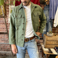 Vintage 1960s Military Fatigue Shirt Button Up OG Cotton Green Mens Medium