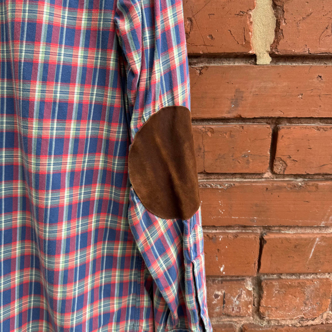 Vintage Polo by Ralph Lauren Plaid Carpenter Work Shirt Elbow Patch Blue Red M
