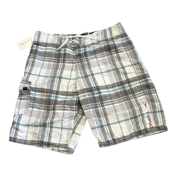 Y2K O’NEILL PLAID BOARD SHORTS WHITE/TEAL ‘34’ - 2000S