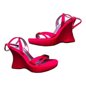 90S NINA STRAPPY WEDGES SATIN RED '6.5' - 1990S
