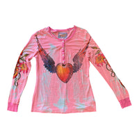 Y2K BUTTERFLY DROPOUT FLYING HEART TATTOO LONG SLEEVE SHIRT PINK 'SMALL'
