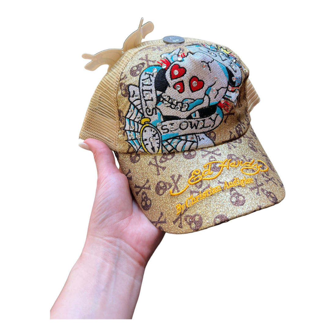 Y2K ED HARDY BEDAZZLED SKULL CAP GOLD - 2000S