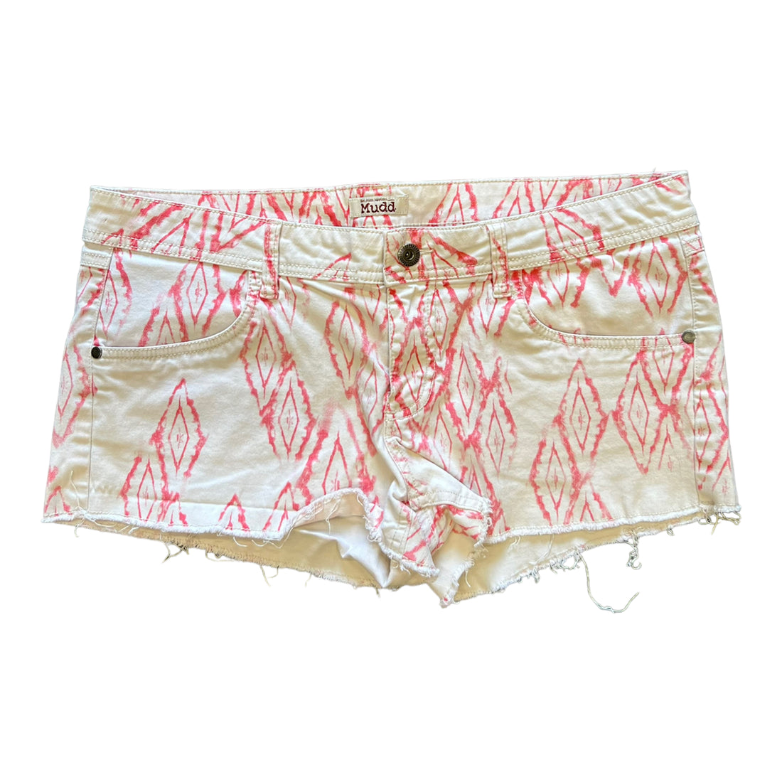 Y2K MUDD TIKI CUTOFF SHORTS WHITE/RED ‘WAIST 34’ - 2000S