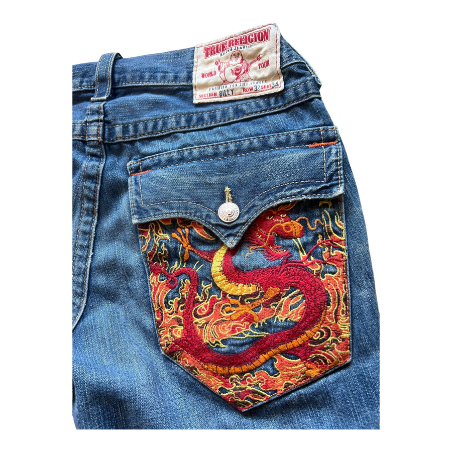 Y2K TRUE RELIGION DRAGON BILLY JEANS MEDIUM WASH DENIM ‘32X34’ - 2000S