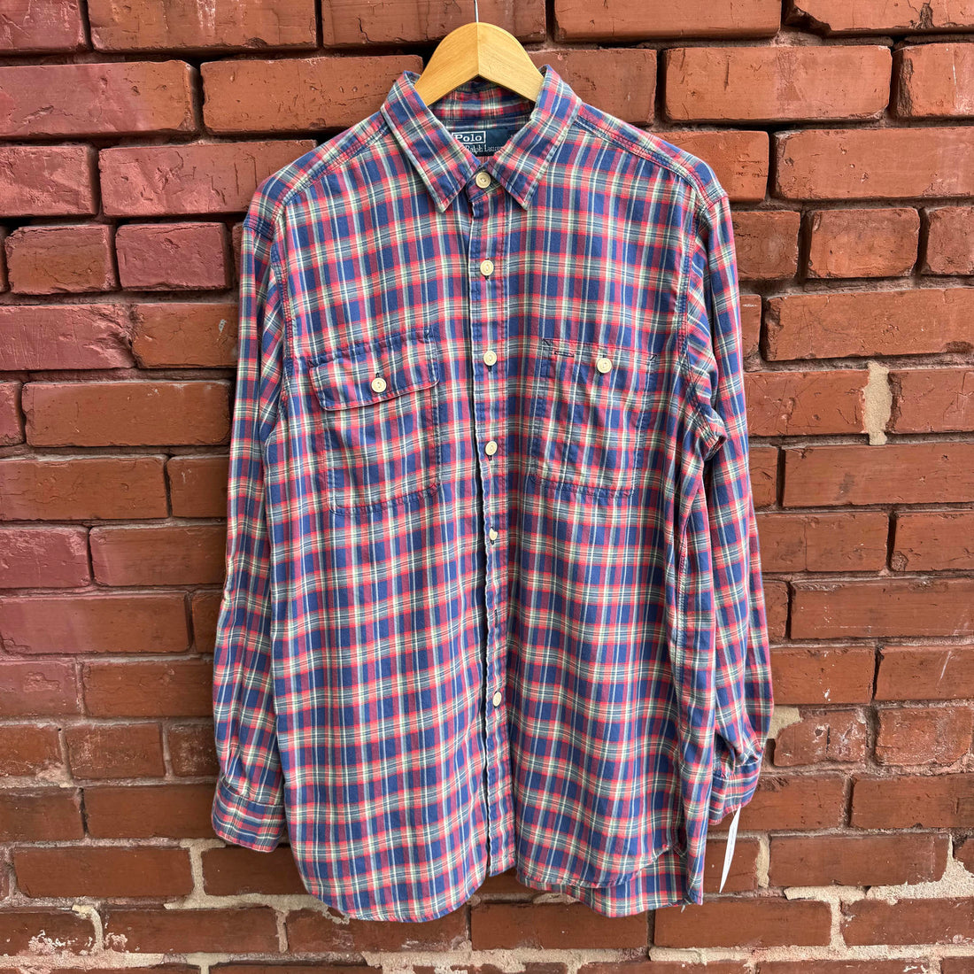 Vintage Polo by Ralph Lauren Plaid Carpenter Work Shirt Elbow Patch Blue Red M