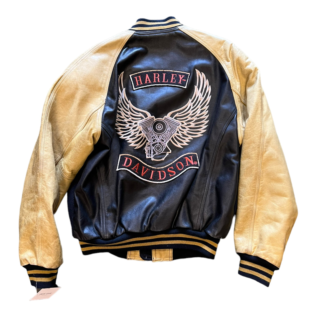 90’S HARLEY DAVIDSON VARSITY ZIP JACKET BLACK/TAN ‘MEDIUM’ - 1990S