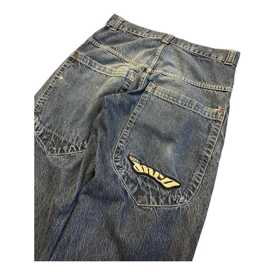 JNCO JEANS EMBROIDERED BAGGY DENIM BLUE 34X30 - 2000S