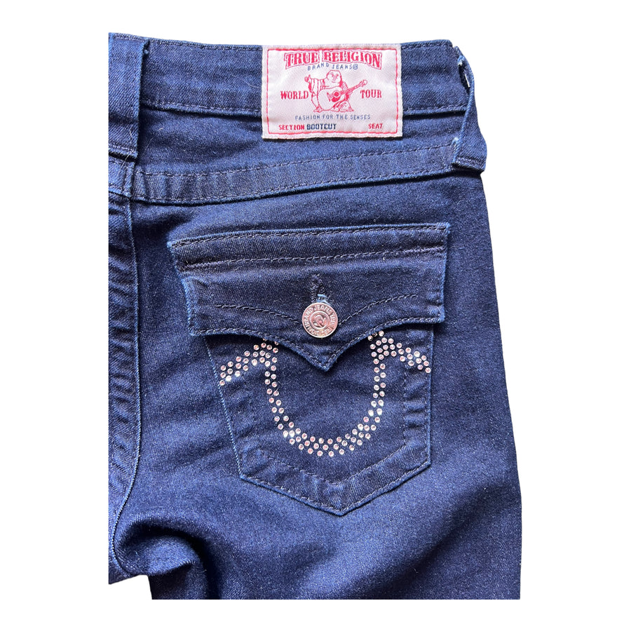 TRUE RELIGION LOW RISE BOOTCUT RHINESTONE HORSESHOE JEANS DENIM ‘27’