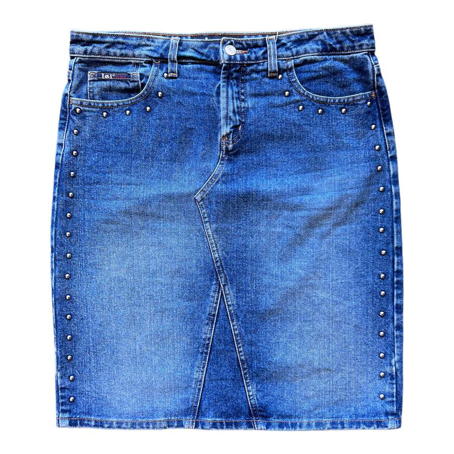 Y2K LEI STUDDED ASYMMETRIC MIDI SKIRT DENIM ‘13’