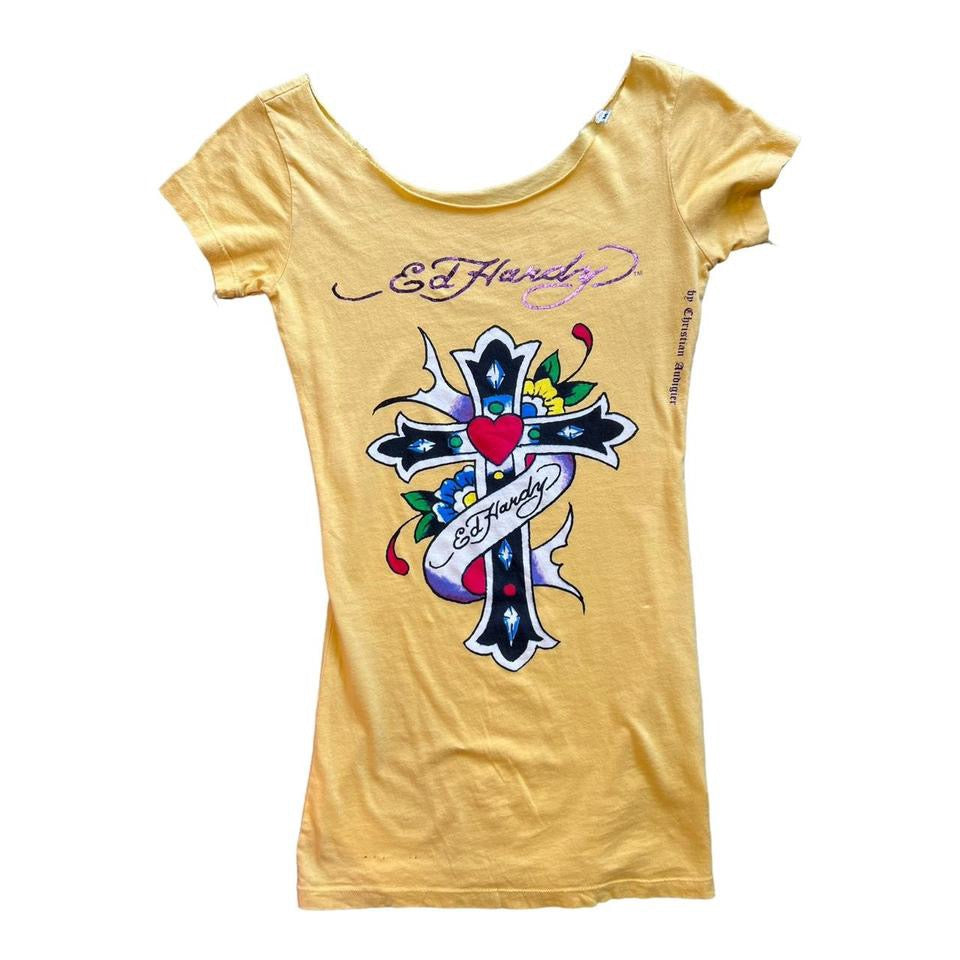 Y2K ED HARDY CROSS T-SHIRT DRESS YELLOW ‘MEDIUM’ - 2000S