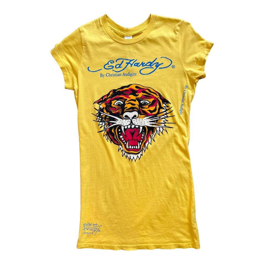 Y2K ED HARDY TIGER DEADSTOCK T-SHIRT DRESS YELLOW ‘LARGE’ - 2000S