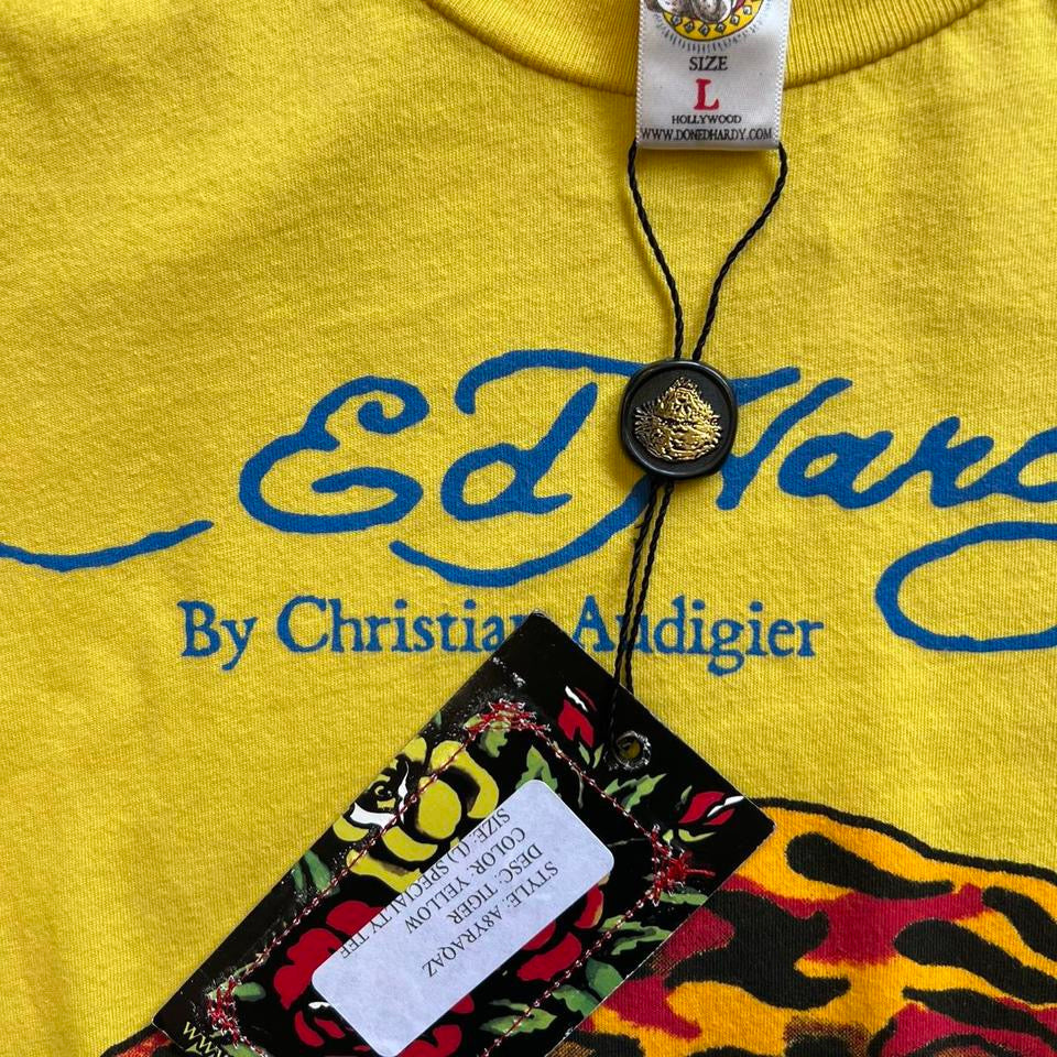 Y2K ED HARDY TIGER DEADSTOCK T-SHIRT DRESS YELLOW ‘LARGE’ - 2000S