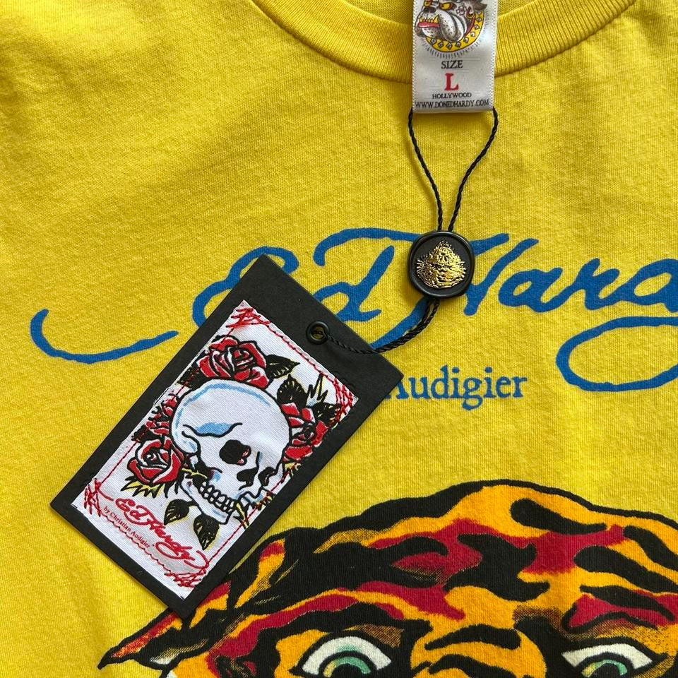 Y2K ED HARDY TIGER DEADSTOCK T-SHIRT DRESS YELLOW ‘LARGE’ - 2000S
