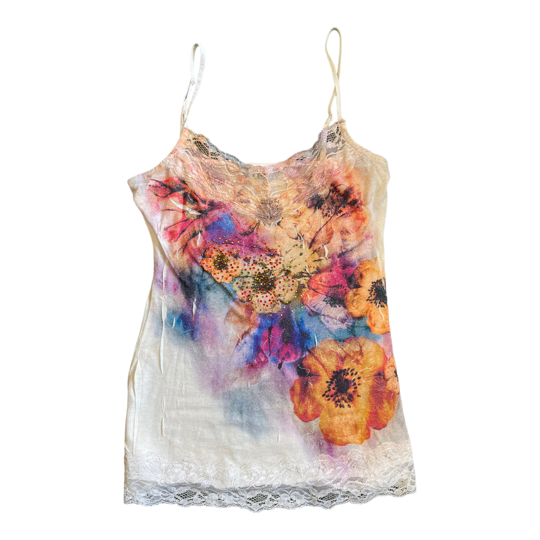 Y2K BEDAZZLED FLORAL TANK WHITE 'SMALL' - 2000S