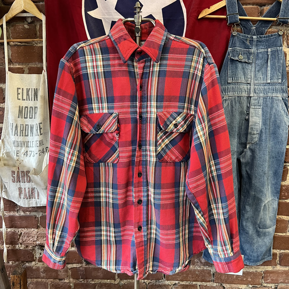 Vintage Five Brothers Flannel Red Plaid Button Up Shirt Made in USA Men's Medium