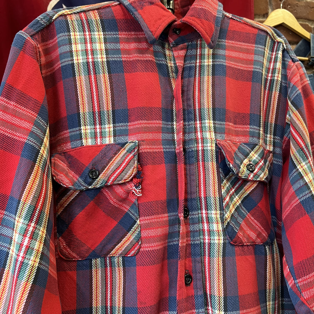 Vintage Five Brothers Flannel Red Plaid Button Up Shirt Made in USA Men's Medium