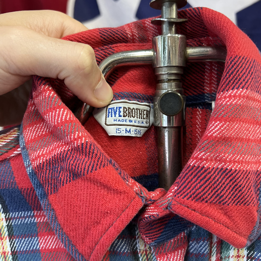 Vintage Five Brothers Flannel Red Plaid Button Up Shirt Made in USA Men's Medium