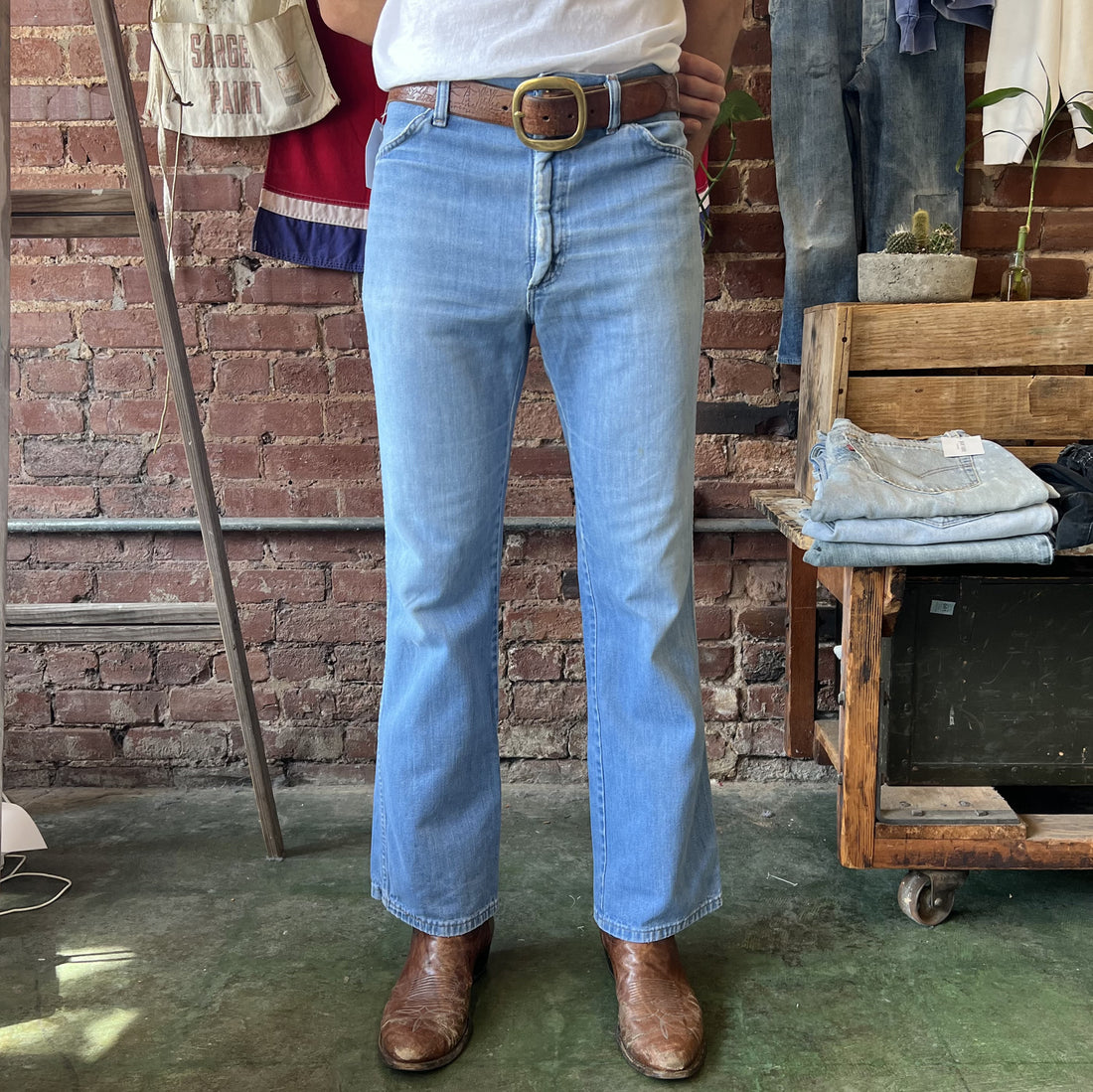 Vintage 1970s Bootcut Jeans Maverick Light Wash Embroidered 32x31 - Made in USA