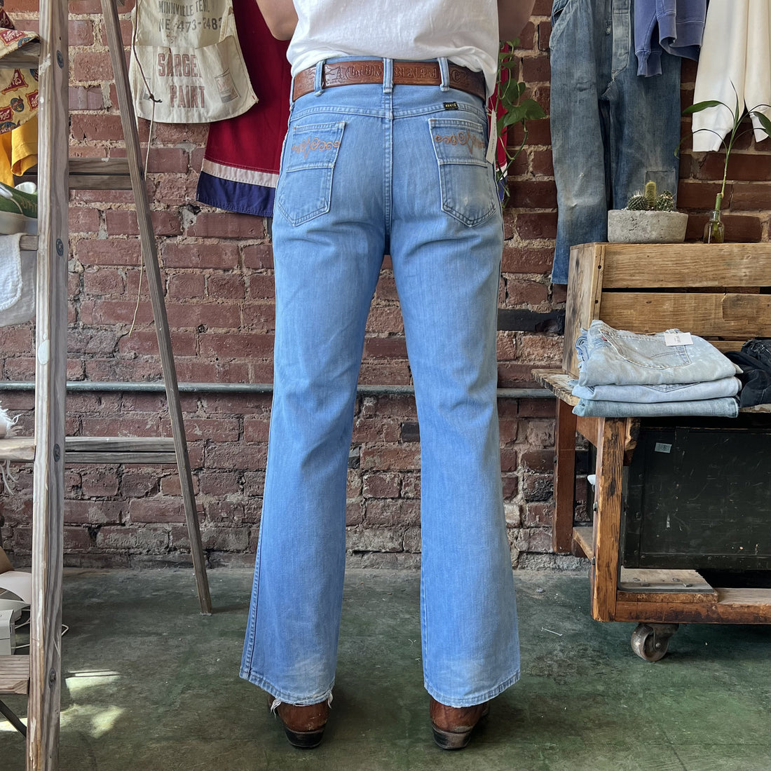 Vintage 1970s Bootcut Jeans Maverick Light Wash Embroidered 32x31 - Made in USA