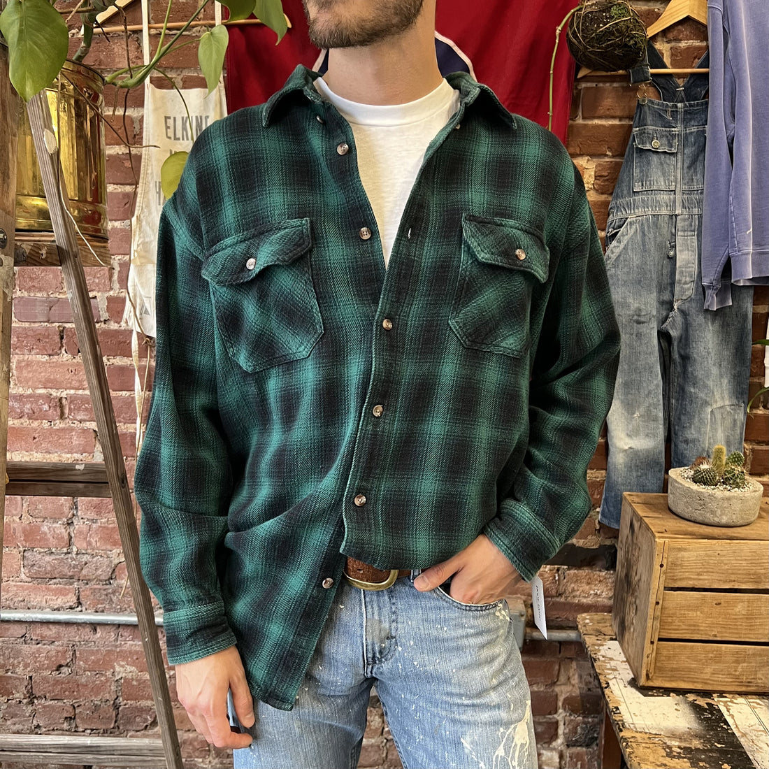 Vintage Shadow Plaid Flannel Key Dark Green Button Up Mens XL Lakin McKey