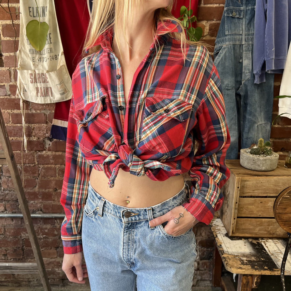 Vintage Five Brothers Flannel Red Plaid Button Up Shirt Made in USA Men's Medium