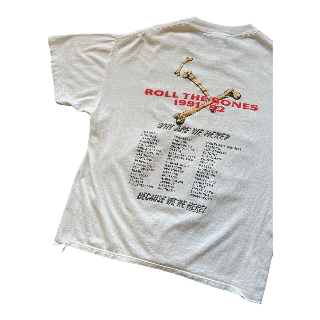 1991 RUSH "ROLL THE BONES" TOUR TSHIRT WHITE CROPPED XL - 1990S