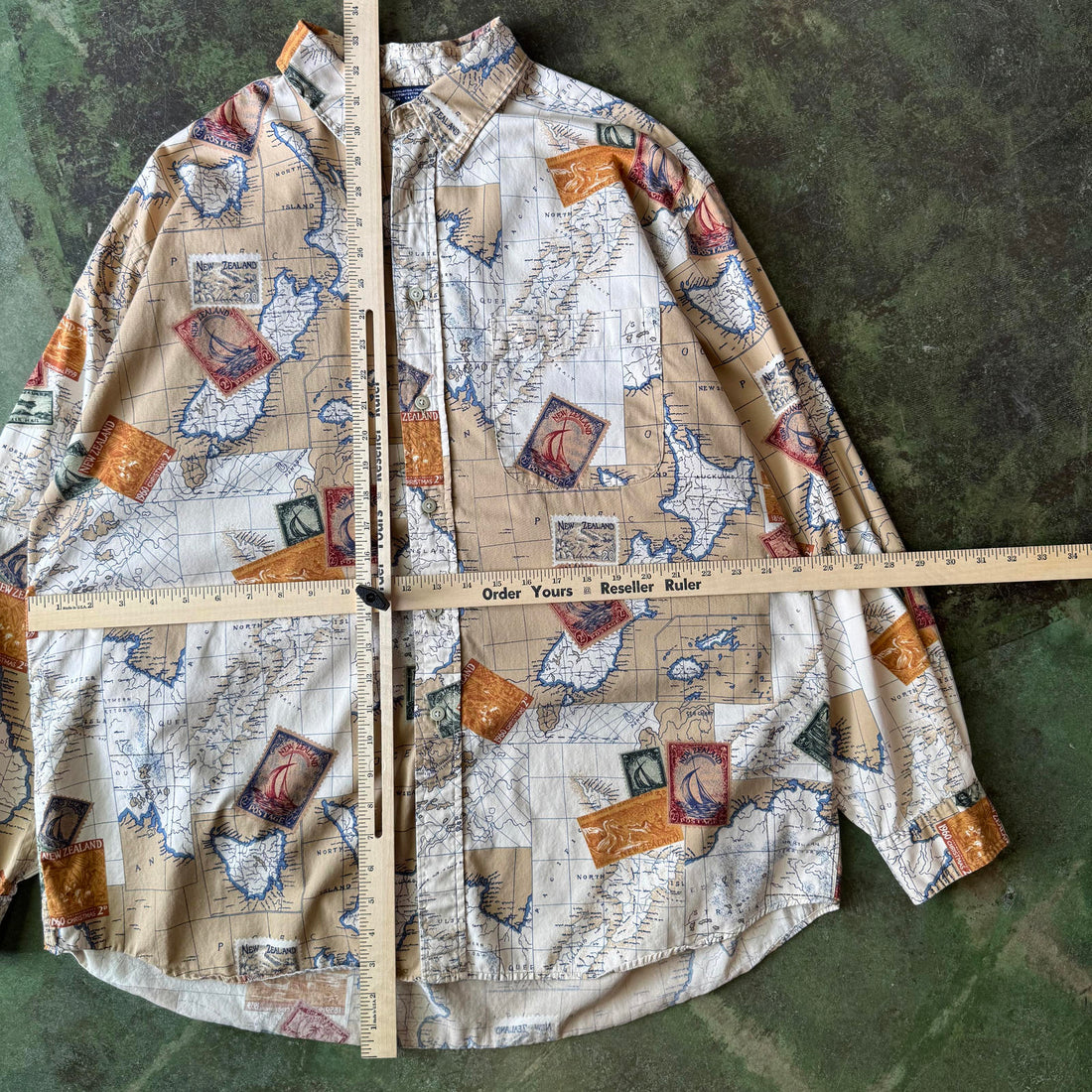 Vintage 90's Nautica New Zealand Sailing AOP Tan Button-Up Shirt XL