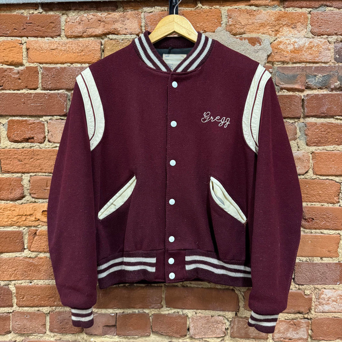 Vintage 70s Spartans Gregg Maroon Wool White Leather Varsity School Jacket Large