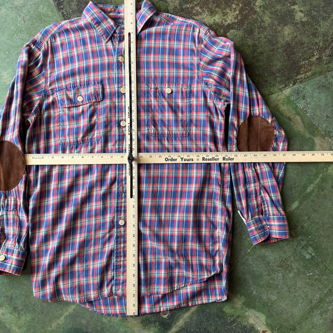 Vintage Polo by Ralph Lauren Plaid Carpenter Work Shirt Elbow Patch Blue Red M