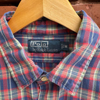 Vintage Polo by Ralph Lauren Plaid Carpenter Work Shirt Elbow Patch Blue Red M