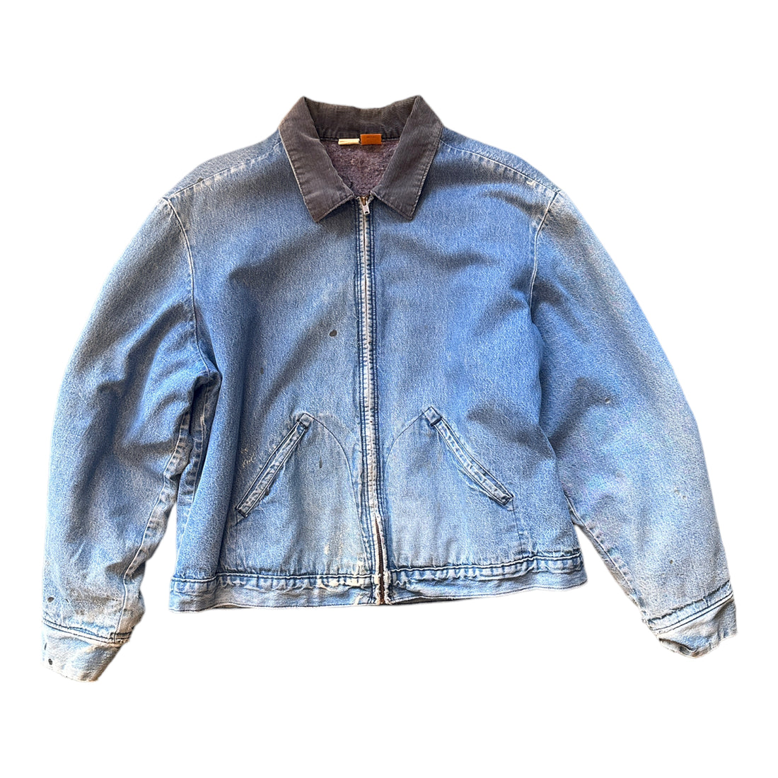 FADED AND DISTRESSED DENIM BLANKET LINED WORK JACKET BLUE ‘LARGE’ - 1970S