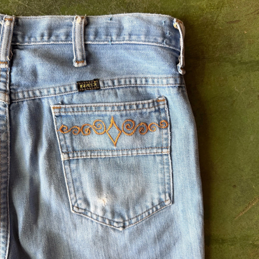 Vintage 1970s Bootcut Jeans Maverick Light Wash Embroidered 32x31 - Made in USA
